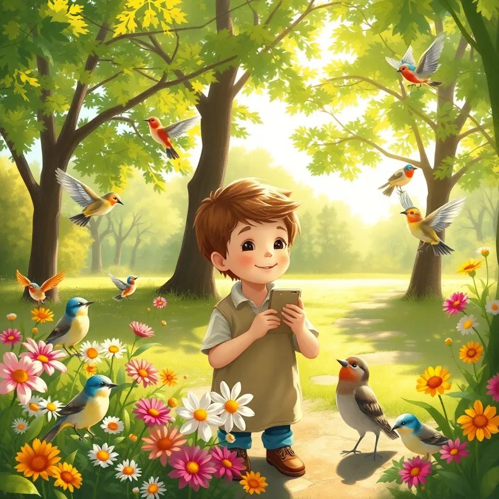Sami counting flowers and birds happily in a sunny park with friends around him, bright sunlight, joyful and lively, child-friendly illustration