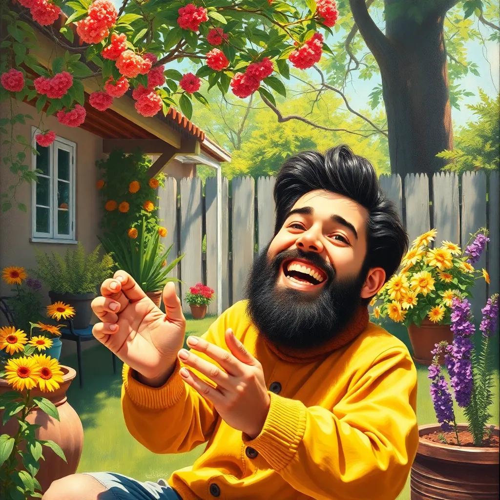 Sami joyfully counting in a sunny backyard, surrounded by nature, his smile reflecting happiness and excitement, colorful scene, vibrant and inviting, high quality