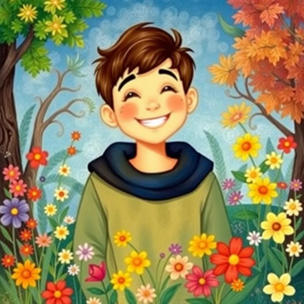 Sami, a cheerful boy, surrounded by colorful flowers and trees, smiling widely while he counts everything around him, happy atmosphere, illustration, bright and joyful