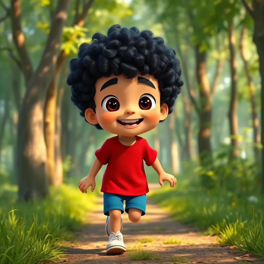 A young Arab boy, Sami, with curly black hair, wearing a red t-shirt and blue shorts, excitedly walking along a green forest path, detailed digital art, bright colors, cheerful atmosphere, high quality
