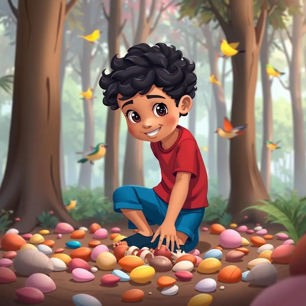 A young Arab boy, Sami, with curly black hair, wearing a red t-shirt and blue shorts, gathering colorful shells on the forest floor, surrounded by tall trees and singing birds, illustration, vibrant colors, playful scene, child-friendly