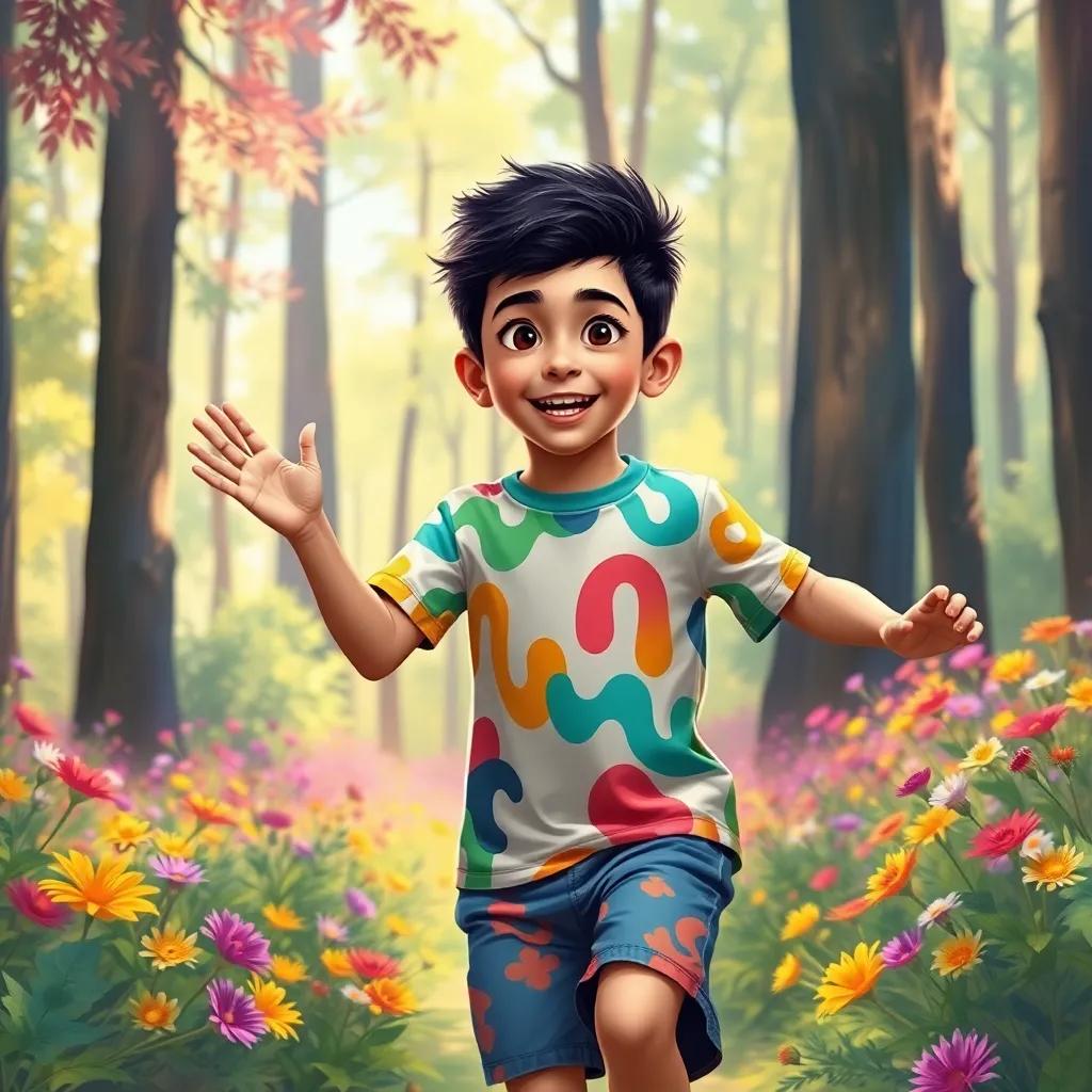 A young Arab boy, Sami, with short black hair, wearing a colorful t-shirt and shorts, excitedly adventure in a bright forest full of tall trees and colorful flowers, digital art, vibrant colors, cheerful atmosphere, high quality