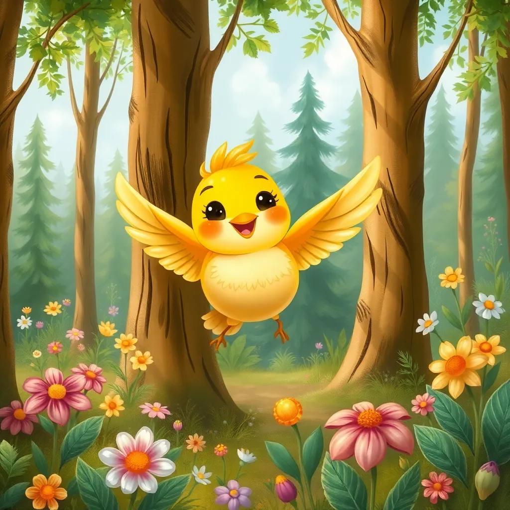 A cheerful small bird flying alongside Sami in the forest, with a big smile, surrounded by singing trees and playful flowers, illustration, bright, inviting scenery, child-friendly, high quality