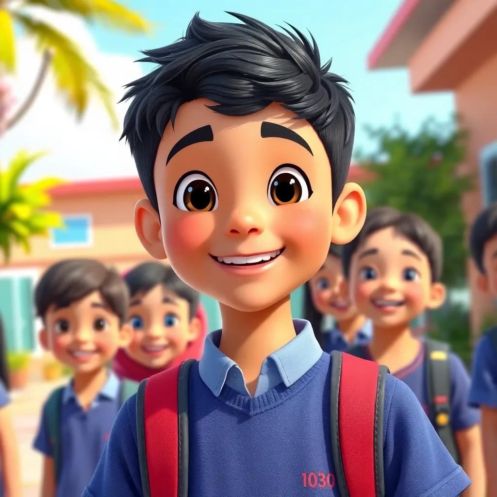 A young Arab boy, Sami, with short black hair, wearing a blue school uniform, smiling with friends in a sunny schoolyard, vibrant colors, cheerful atmosphere, digital art, bright and inviting