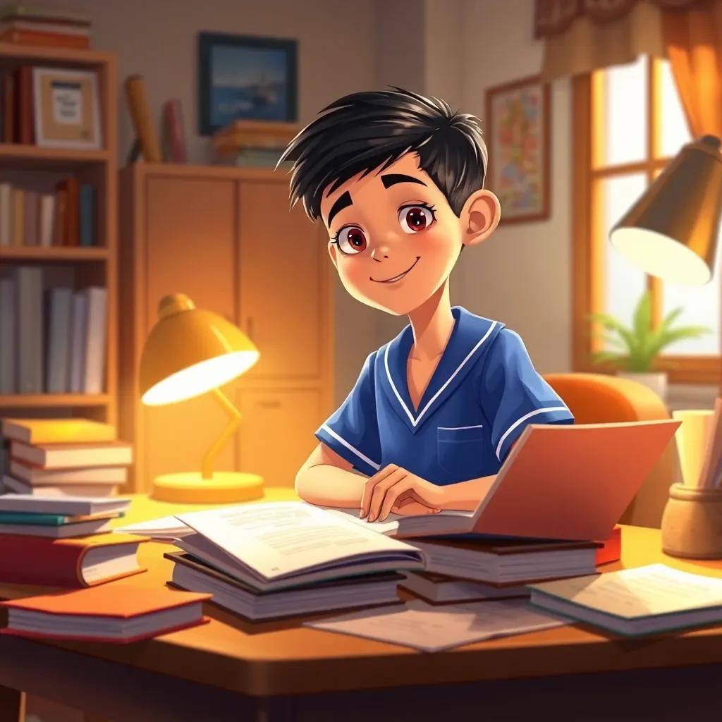 Sami, a young Arab boy with short black hair in a blue school uniform, studying with friends at a desk at home, books and papers spread out, warm light, cozy room, illustration, focused and happy