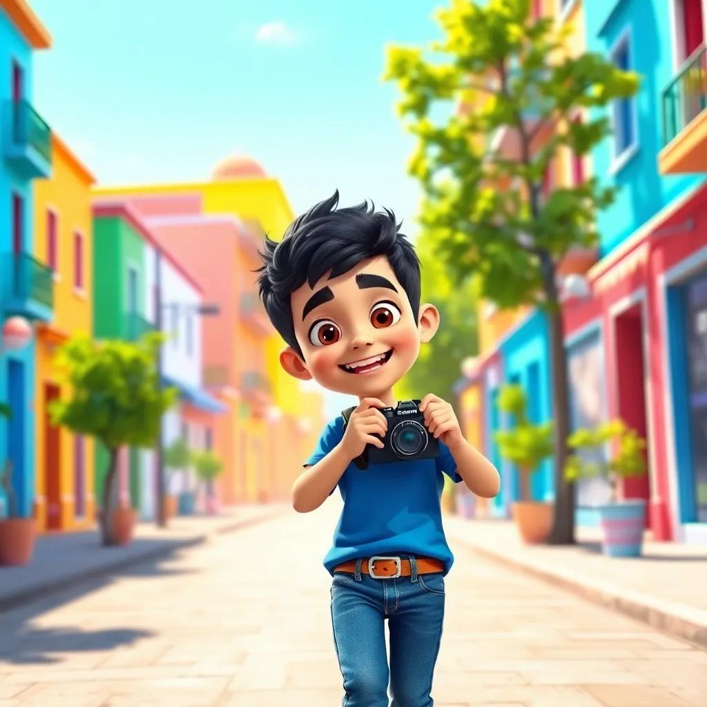A young Arab boy, Sami, with short black hair, wearing a blue t-shirt and jeans, happily walking down a sunny street holding a camera, colorful buildings and trees around, cheerful mood, bright light, digital art, vibrant colors, child-friendly