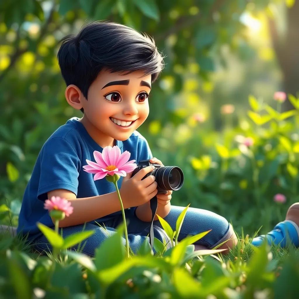 A young Arab boy, Sami, with short black hair, wearing a blue t-shirt and jeans, kneeling on the ground capturing a beautiful flower with his camera, surrounded by greenery and sunlight filtering through the leaves, vibrant, joyful, high quality
