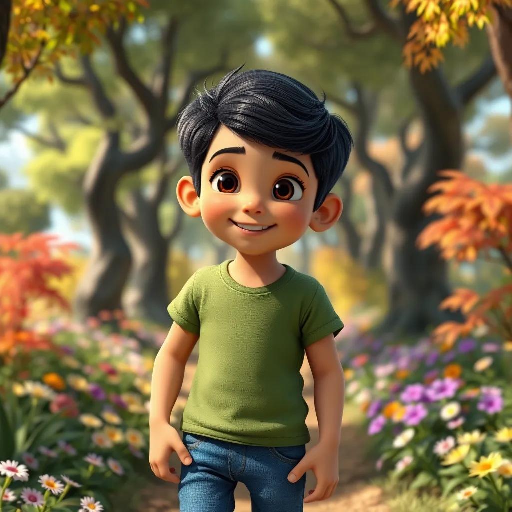 A young Arab boy, Sami, with short black hair, wearing a green t-shirt and blue jeans, exploring a beautiful forest with vibrant trees and colorful flowers, digital art, bright and cheerful, inviting atmosphere, high quality