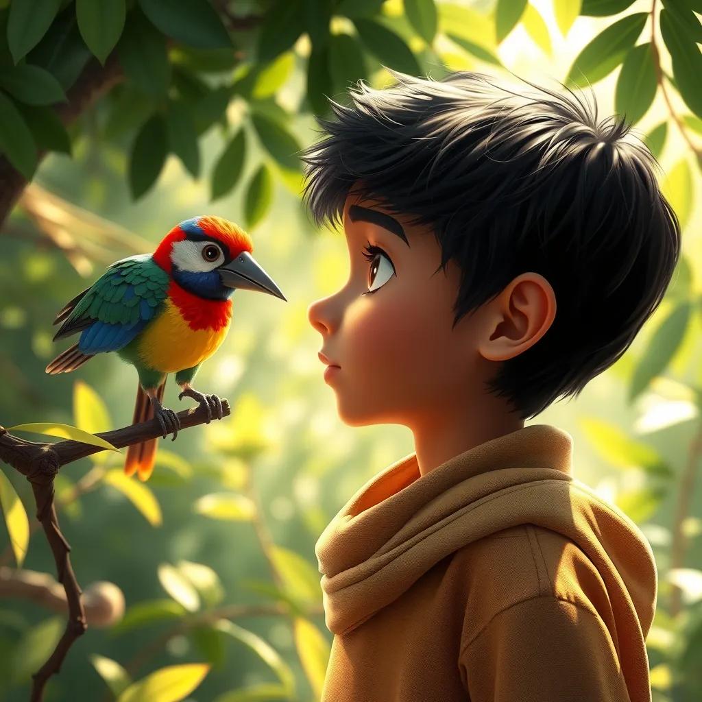 Sami, a young Arab boy with short black hair, watching a colorful bird with a solar-powered gadget in its beak, surrounded by lush greenery and sunlight filtering through the leaves, digital painting, magical and uplifting, highly detailed