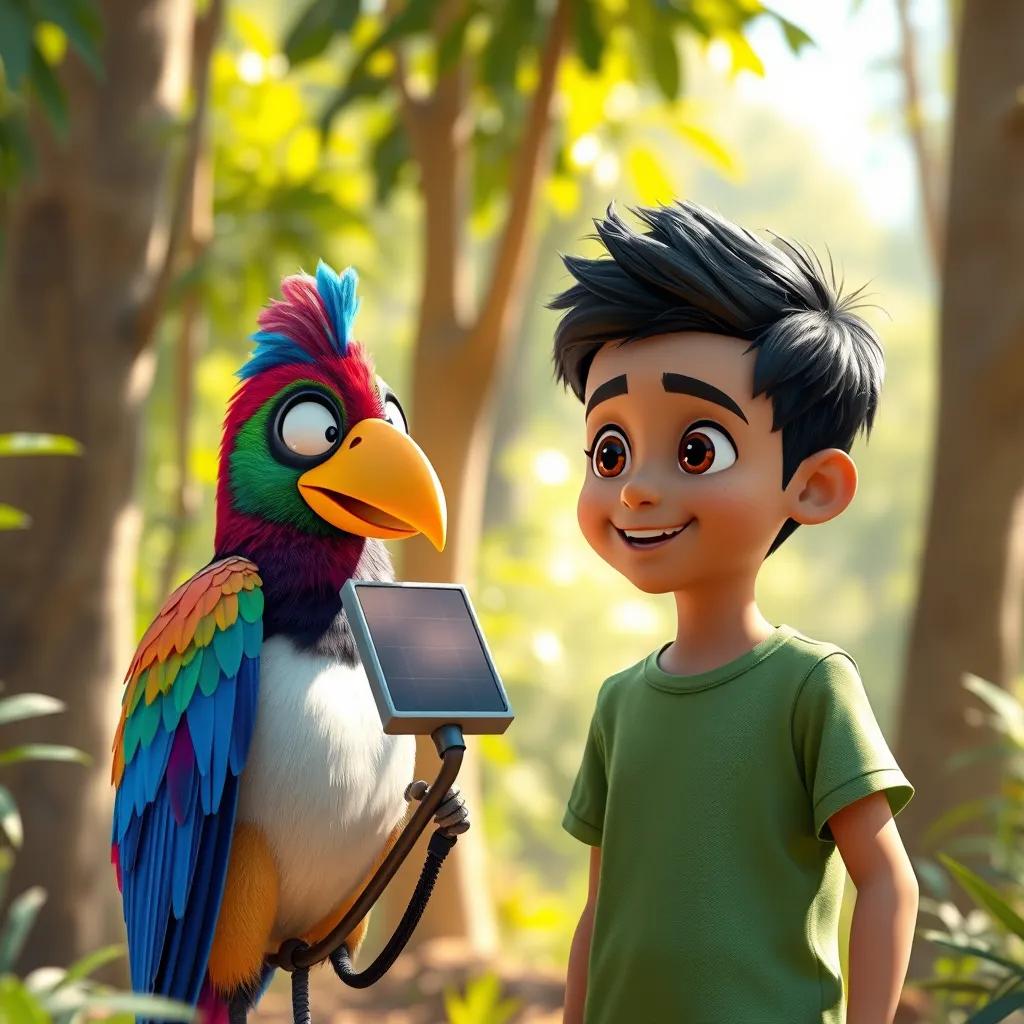 A colorful bird with shiny feathers, showing a solar energy device to Sami, a young Arab boy with short black hair in a green t-shirt, in a sunny forest, vibrant colors, cheerful and friendly atmosphere, fantasy