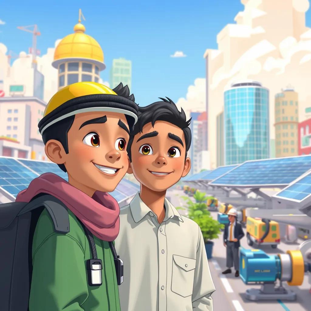 Sami, a young Arab boy with short black hair, meeting engineers in a busy city working on green technologies with solar panels and clean water systems, bright cityscape, modern and vibrant, optimistic vibe, illustration