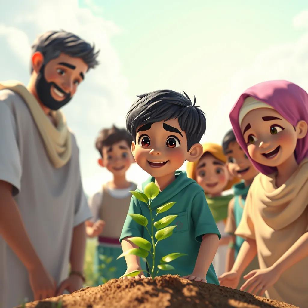 Sami, a young Arab boy with short black hair, returning to his village with friends and planting trees together, happy faces and a bright sky, heartwarming, colorful and uplifting, community spirit
