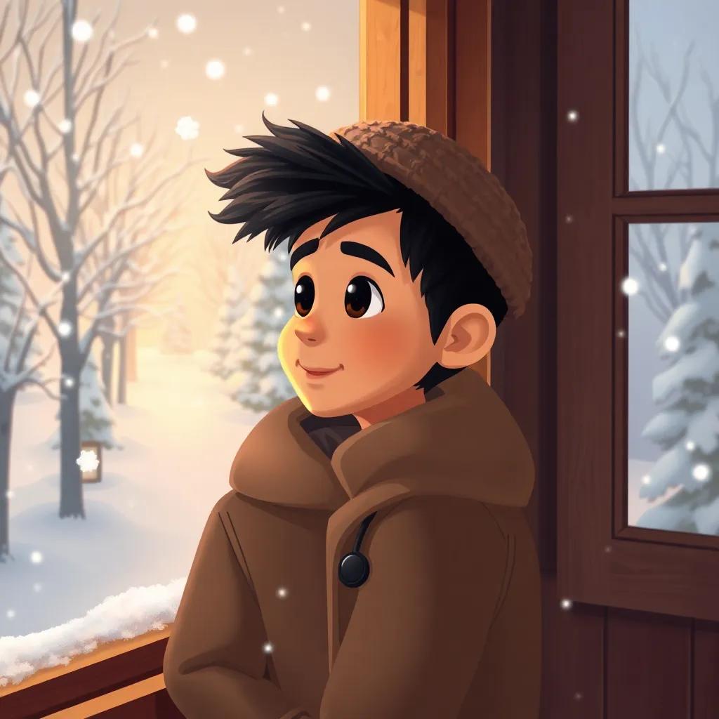 A young Arab boy, Sami, with short black hair, wearing a warm cozy coat and a wool hat, looking out of a window at falling snow on trees and pathways, digital art, cheerful, winter scene, inviting atmosphere, high quality