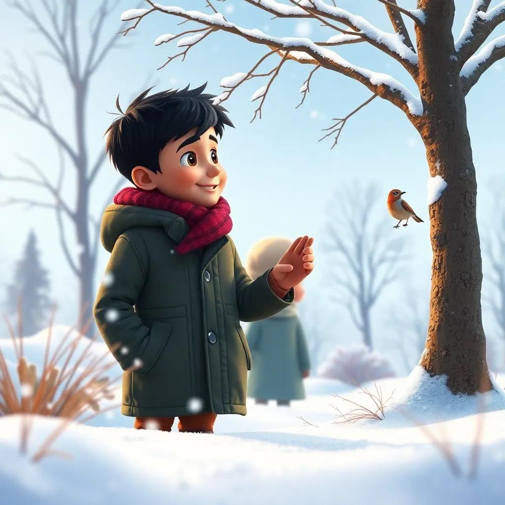 Sami, a young Arab boy, with short black hair in a warm coat and hat, exploring a snowy park with his father, noticing a small bird near a tree, digital art, colorful winter landscape, joyful atmosphere, high quality