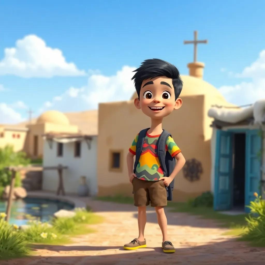 A sunny day in a small Arab village with the river nearby, a young Arab boy named Sami with short black hair wearing a colorful shirt and shorts, standing excitedly at the village entrance with his backpack, digital art, cheerful atmosphere, vibrant colors, high quality