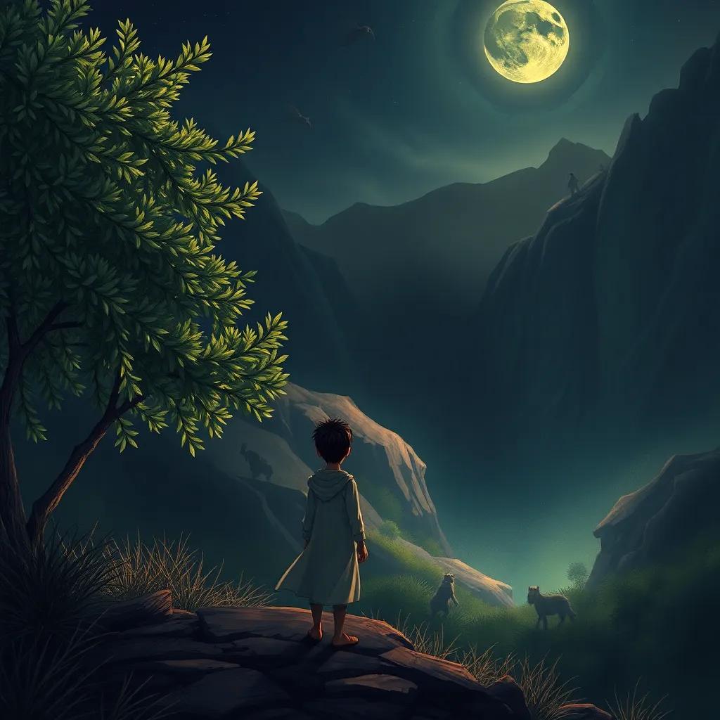 Sami, a young Arab boy, standing at the edge of a dark valley called 'Valley of Secrets', with tall olive trees swaying in the wind, shadows of mysterious creatures lurking, artistic illustration, magical environment, rich colors, immersive quality
