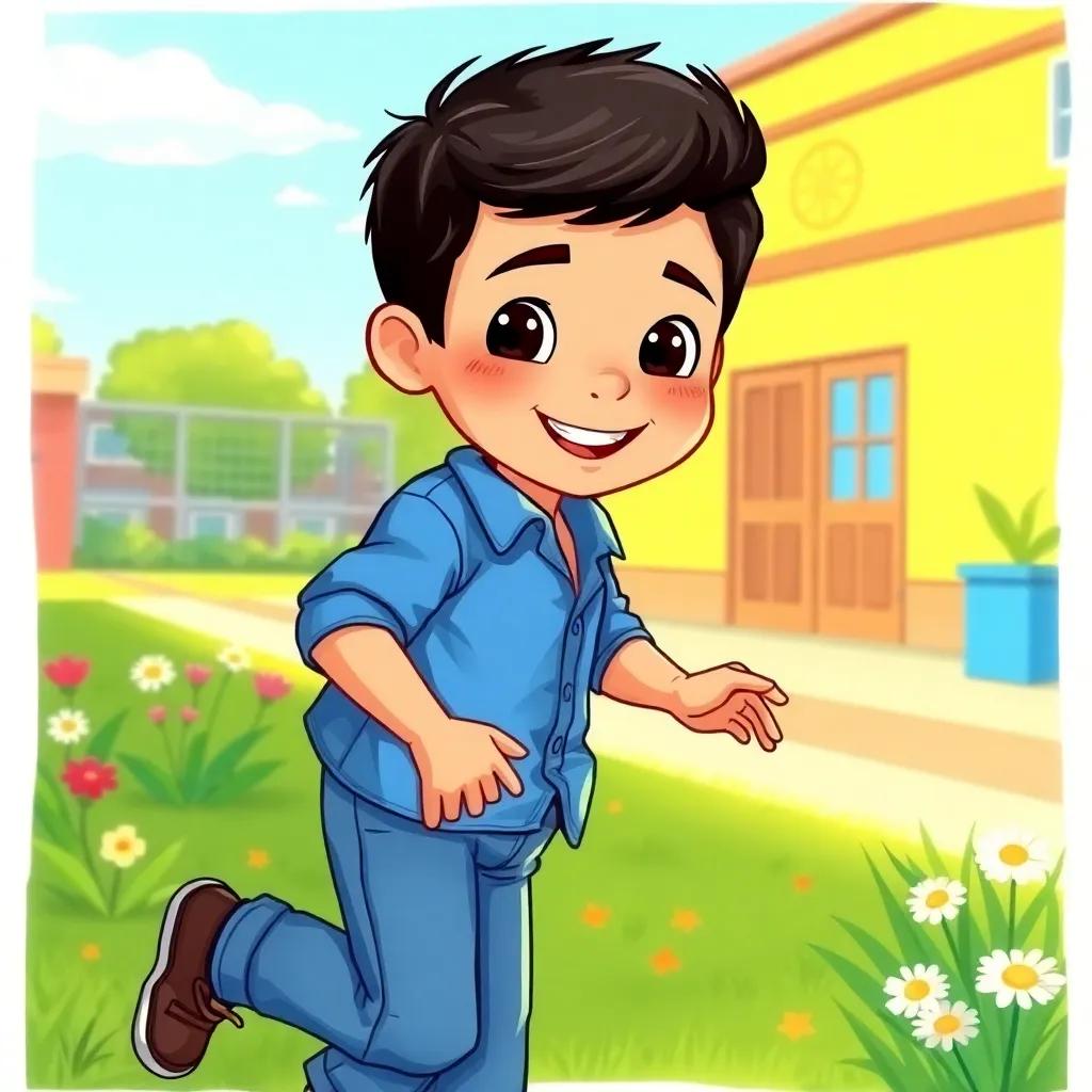 A young Arab boy, Sami, with short black hair, wearing a blue shirt and jeans, playing in a sunny school yard with green grass and flowers, cheerful atmosphere, bright colors, art style, child-friendly, vibrant lighting