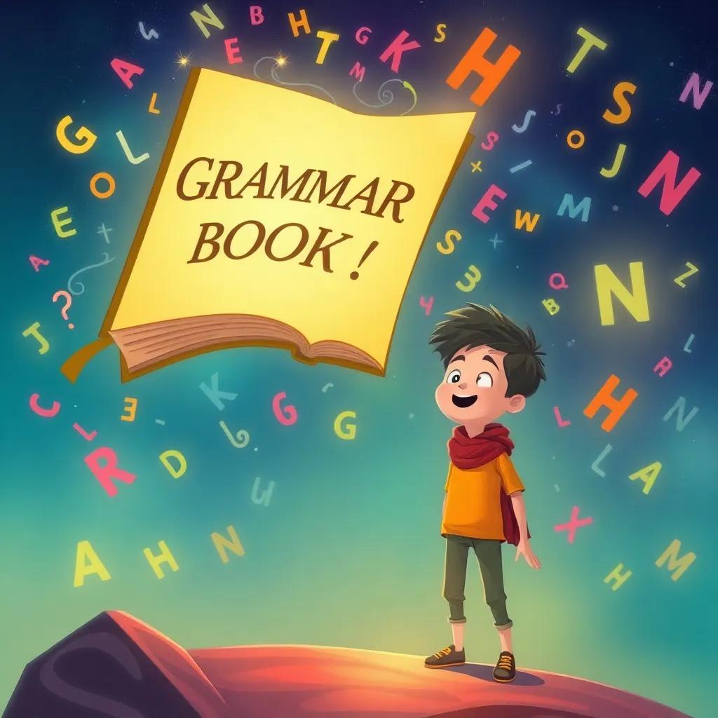 A large, magical grammar book flying in the air next to Sami, who looks amazed, surrounded by swirling letters and colorful words, whimsical scene, enchanting, digital art, exciting and bright atmosphere