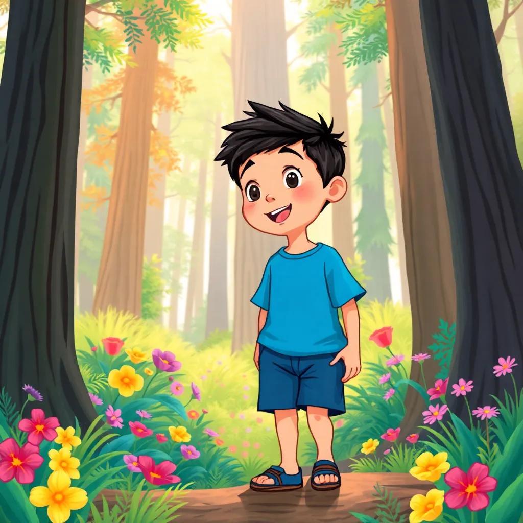 A curious boy, Sami, with short black hair, wearing a blue t-shirt and shorts, exploring a colorful magical forest with tall trees and vibrant flowers, digital art, cheerful atmosphere, bright colors, engaging perspective, child-friendly