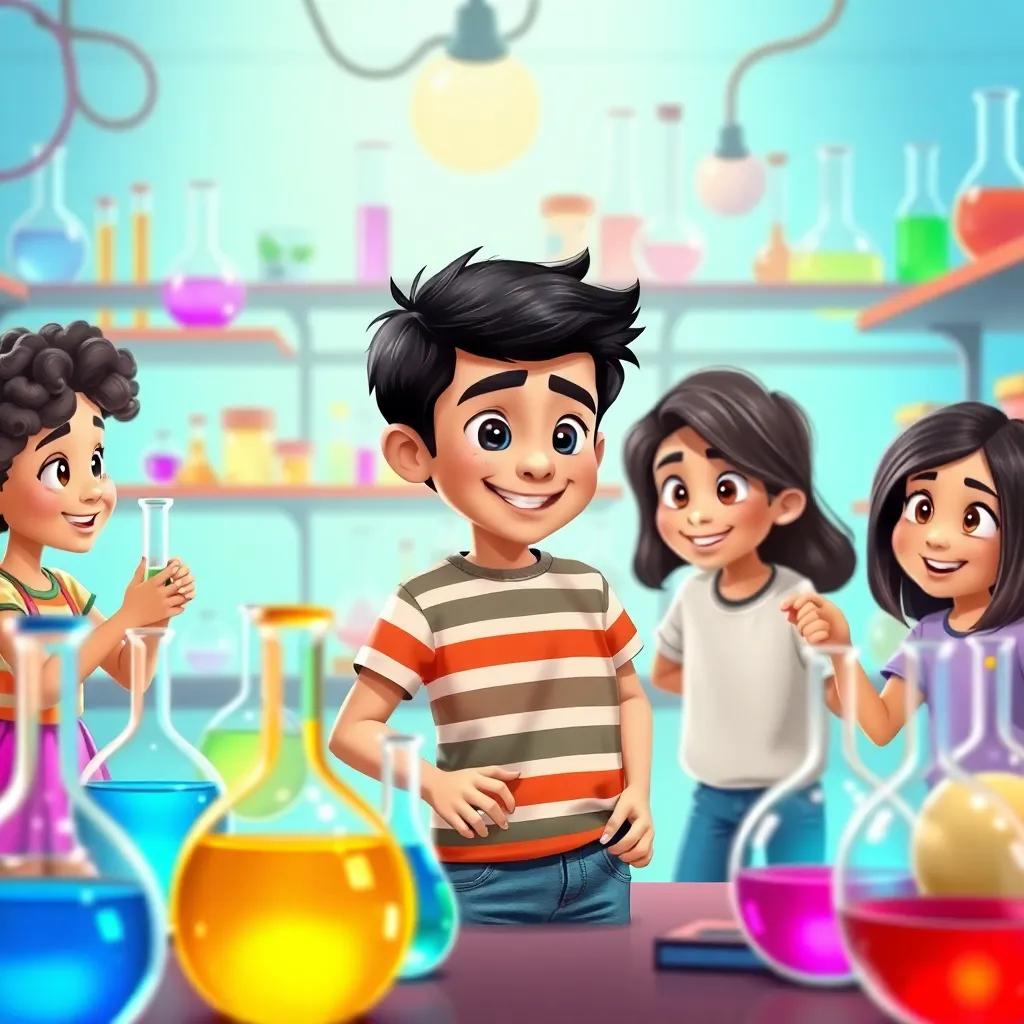 A vibrant and colorful laboratory filled with glass beakers and flasks, featuring a young Arab boy, Sami, with short black hair, wearing a striped t-shirt and jeans, surrounded by his friends, Laila, a young Arab girl with curly hair in a dress, Majid, a young Arab boy wearing a t-shirt and shorts, and Nour, a young Arab girl with straight hair, all excitedly working on an experiment, cheerful atmosphere, bright colors, high quality