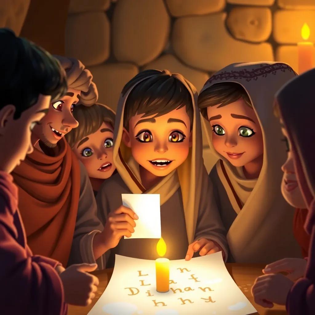A young Arab boy, Majid, showing his friends a white paper with hidden letters written in milk, as they all gather around a candle, their faces lit with surprise and fascination, digital art, warm light, rich colors, high quality