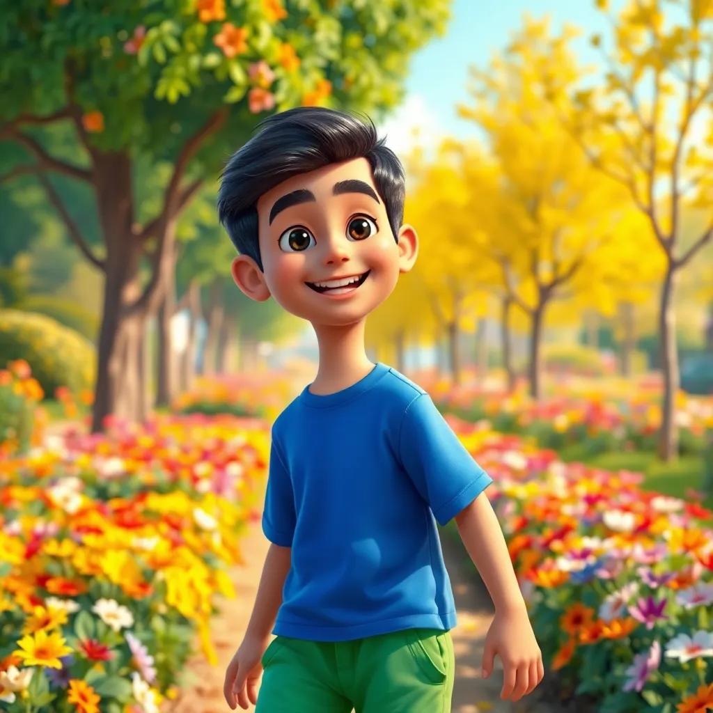 A young Arabic boy, Sami, with short black hair, wearing a blue t-shirt and green shorts, smiling and playing in a colorful park filled with flowers and trees, digital art, vibrant colors, cheerful atmosphere, high quality