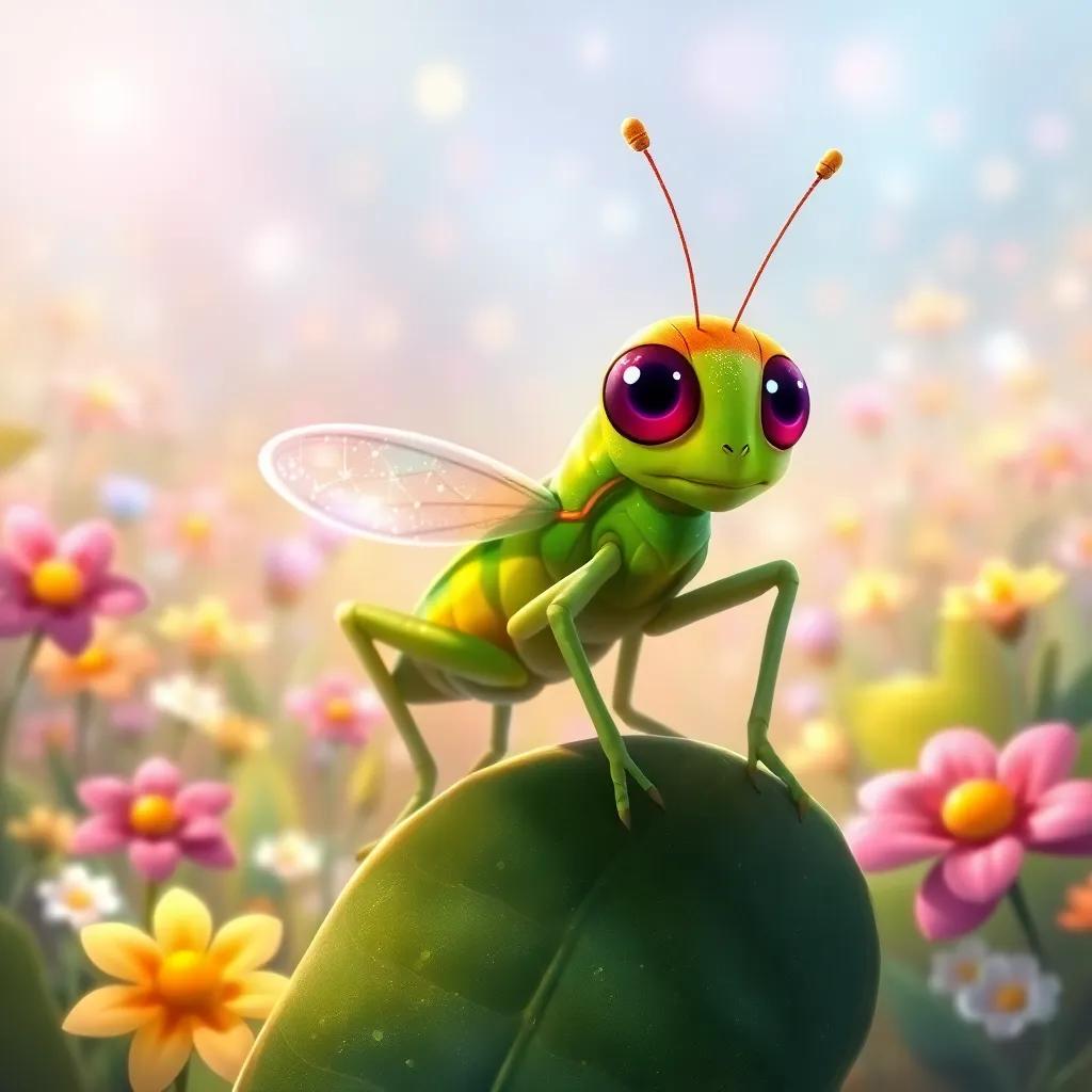 A colorful grasshopper, sitting on a leaf, with sparkling eyes and glimmering wings, surrounded by a magical field filled with shining flowers, illustration, bright and whimsical, enchanting view, high quality