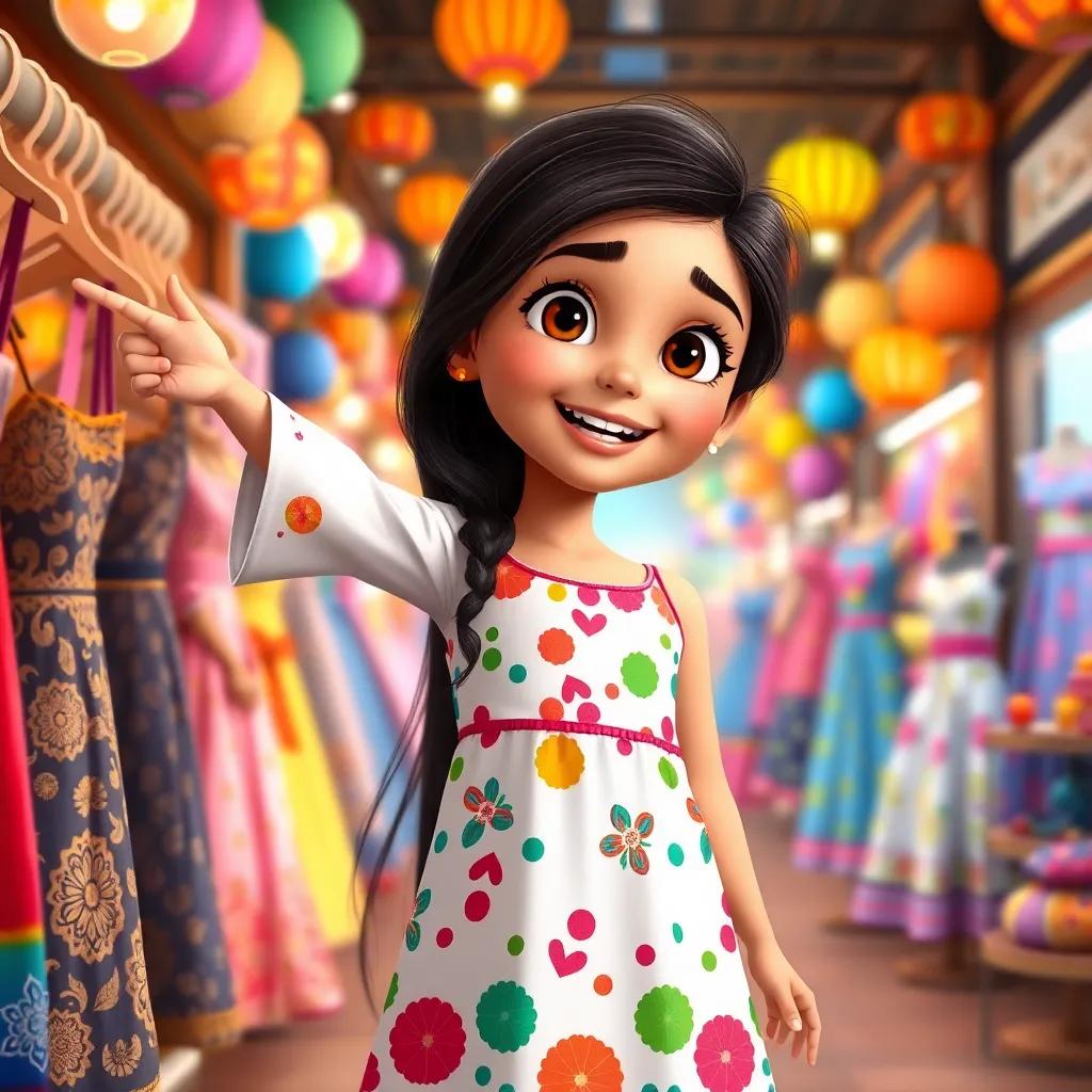 A young Arab girl, Sandra, with long, dark hair, wearing a colorful dress, excitedly pointing at a dress shop in a bustling market, vibrant colors, cheerful atmosphere, child-friendly, high quality