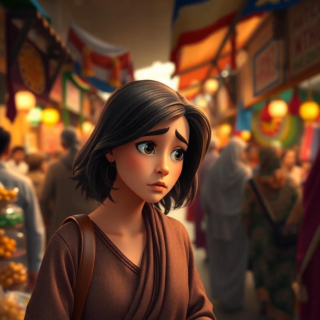 A worried Arab mother looking for her daughter, with medium-length hair and wearing a traditional outfit, searching through a crowded market with colorful stalls, concerned expression, warm light, dynamic scene, high quality