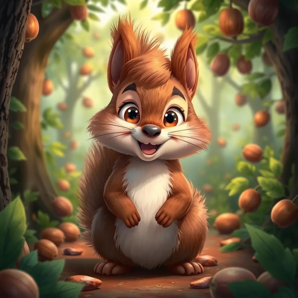 A brave and cheerful squirrel, Sandy, with fluffy fur and bright eyes, in a dense forest filled with oak and walnut trees, detailed illustration, vibrant colors, enchanting atmosphere, child-friendly