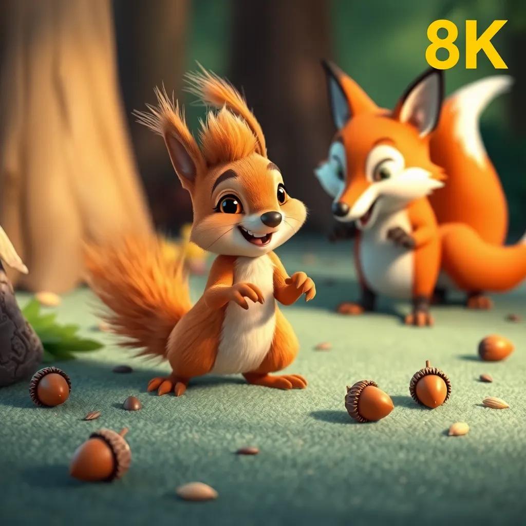 Sandy, the brave squirrel, cleverly avoiding a cunning fox, with acorns and seeds scattered around, high quality, engaging scene, fun and playful