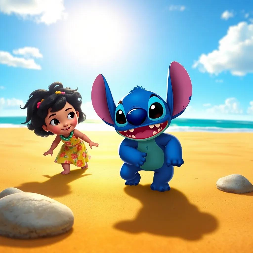 A playful creature named Stitch, with blue fur and large ears, exploring a golden beach with a young girl named Lilo, with black curly hair wearing a floral dress, bright sunlight, cheerful atmosphere, digital art, vibrant colors, high quality