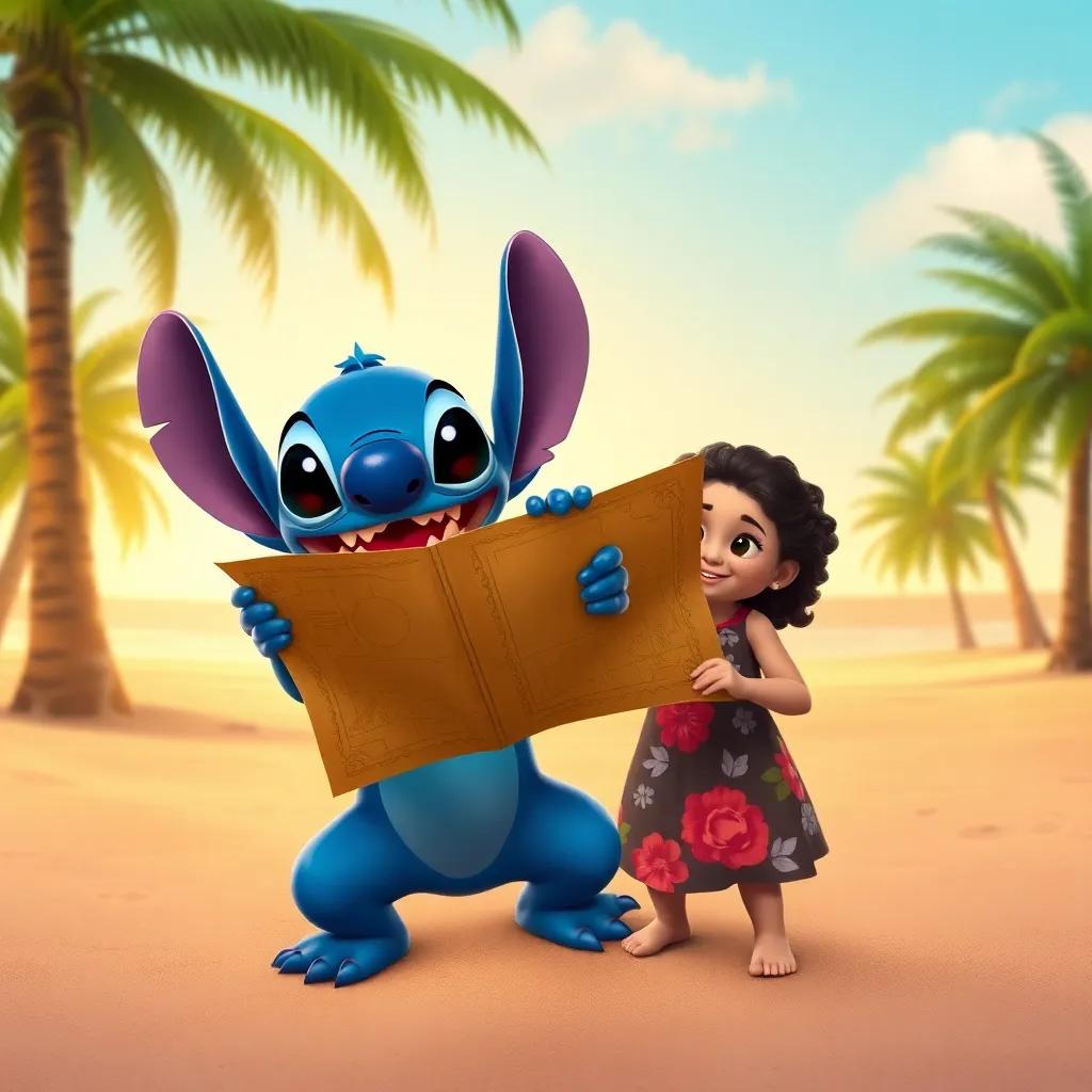 Stitch, the blue creature, excitedly holding an old treasure map alongside Lilo, a young girl with curly black hair and a floral dress, on a sandy beach surrounded by palm trees, adventure-themed, colorful, warm light, storytelling view, fantasy