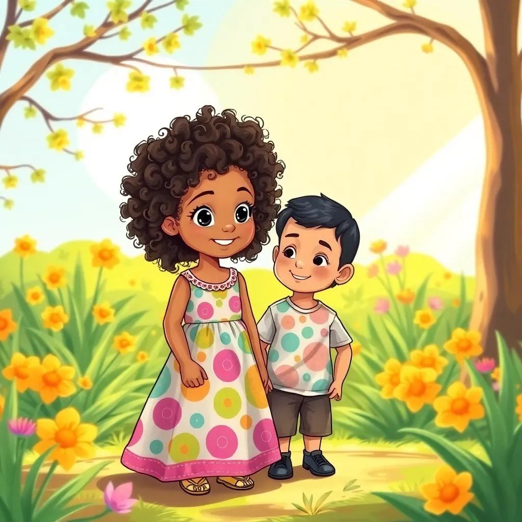 A kind and beautiful little girl, Saji, with curly hair, wearing a colorful dress, talking to her smart brother Mohammed in a sunny garden, cheerful atmosphere, vibrant colors, detailed illustration, high quality