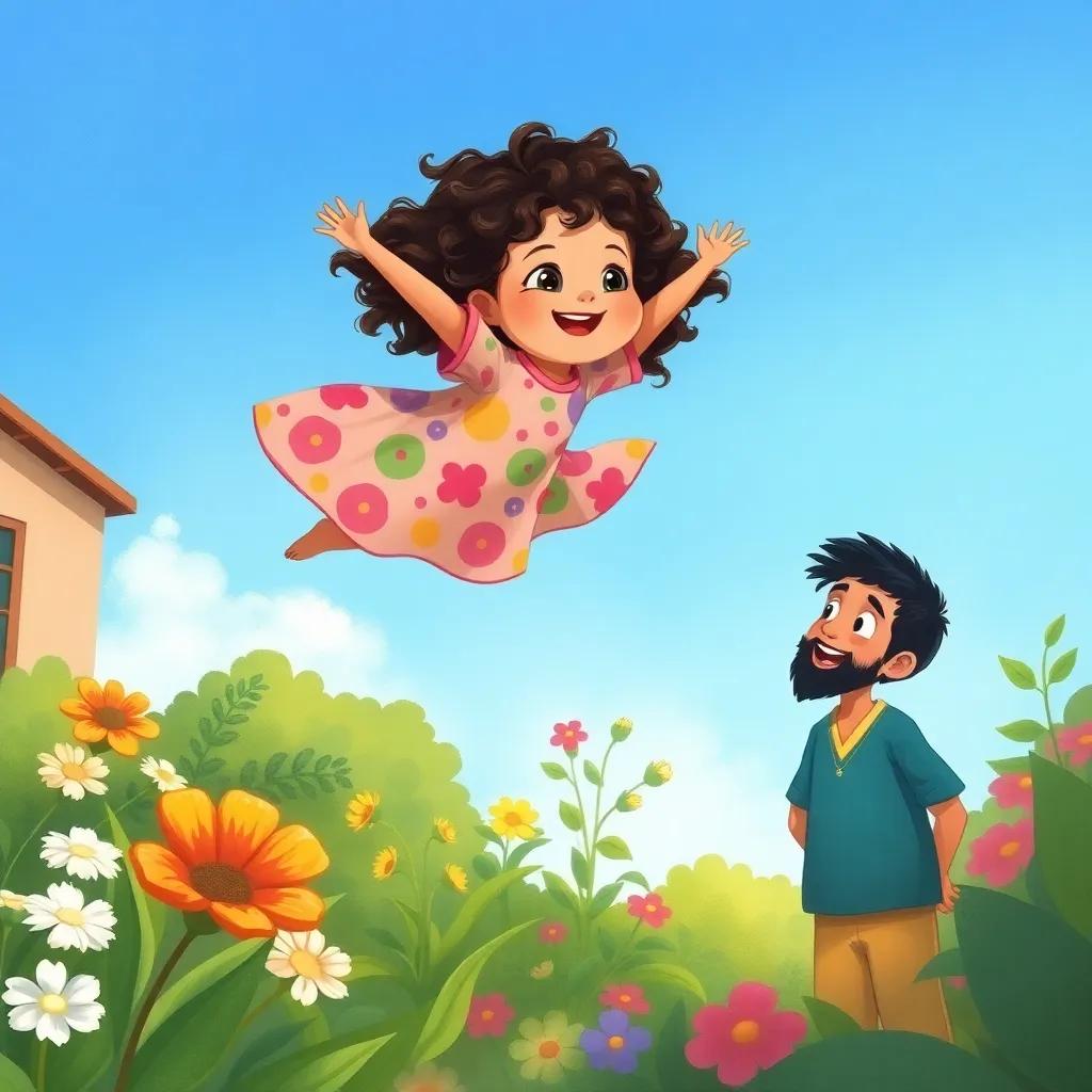 Saji, a kind and lovely little girl, with curly hair in a colorful dress, flying joyfully above the garden while her brother Mohammed watches her in amazement, bright blue sky, playful mood, detailed painting, high quality