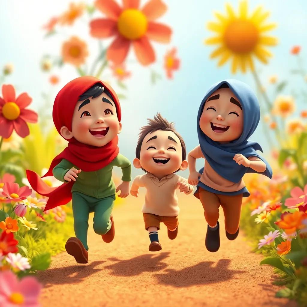 Sahab, Dim, and Malak laughing while running in a colorful garden filled with flowers, warm light, soft focus, joyful expression, digital illustration, child-friendly, vibrant colors