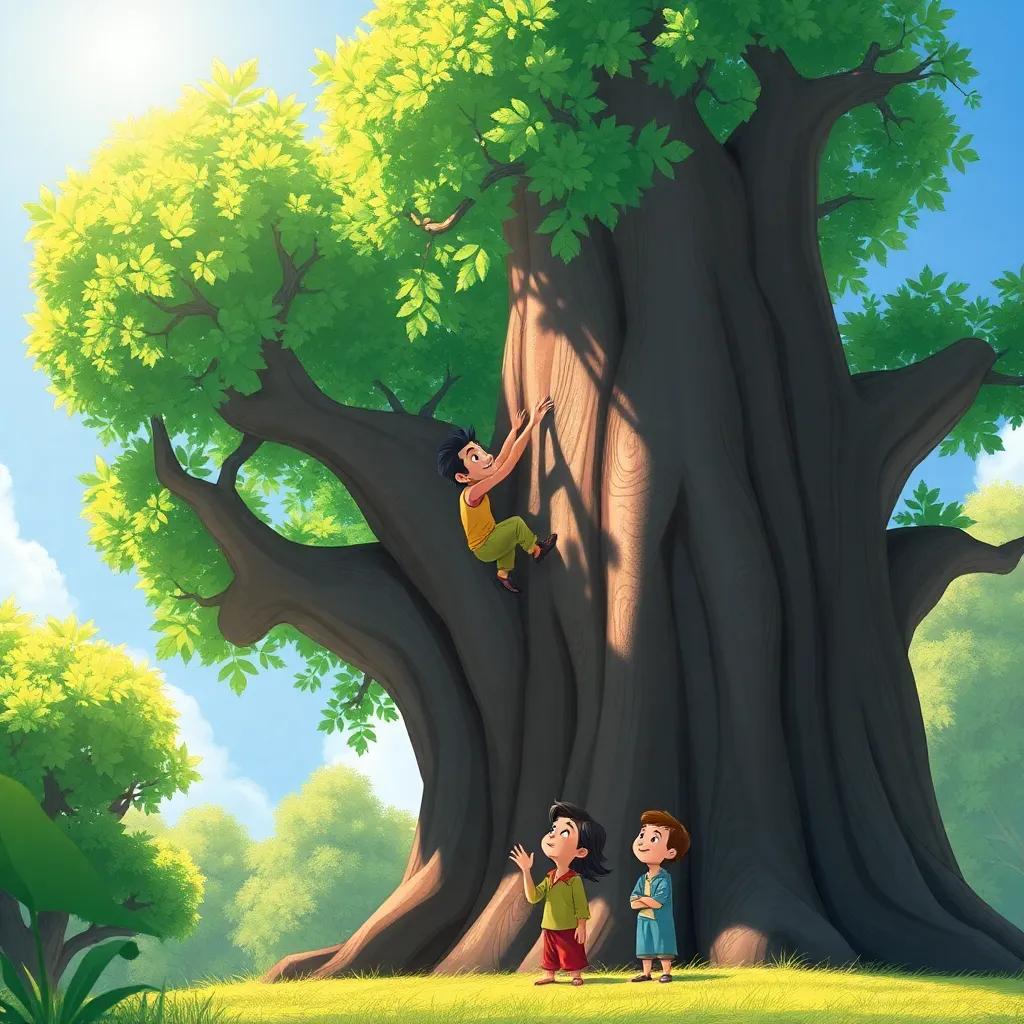 Sahab climbing a large tree while Dima and Malak watch from below, beautiful green leaves, bright sun shining, capturing the moment, illustration, happy mood, high resolution