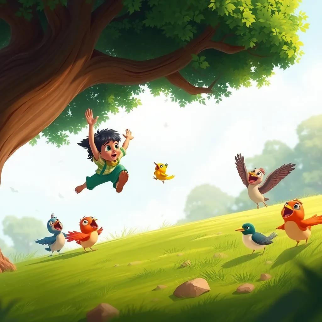 Sahab rushing down from the tree to save a small bird, friends excitedly gathering around, strong green tree, digital painting, action scene, bright colors, child-friendly