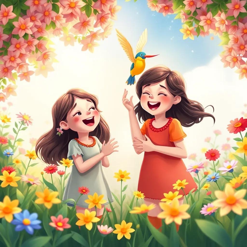 Girls celebrating the rescue of the bird, singing together with big smiles, vibrant flowers around them in the garden, magical atmosphere, illustration, heartwarming, children enjoying together