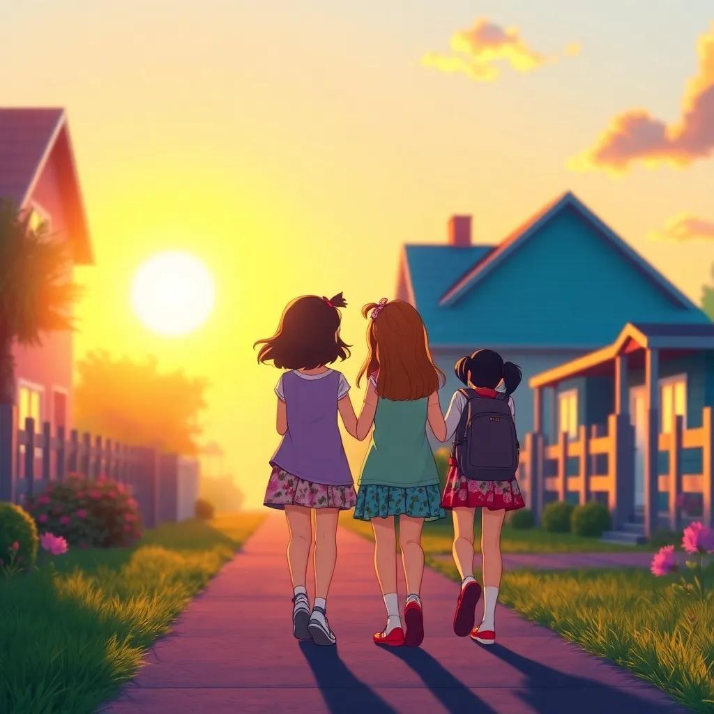 Girls walking back home together, glowing sunset, a bond of friendship highlighted, laughter in the air, colorful scene, digital art, happy ending, bright hues