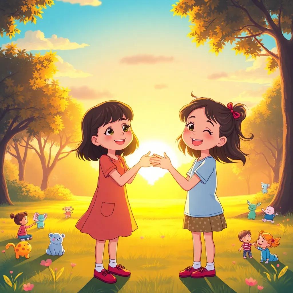 The girls promising to play again under the sunset, park background, imaginary play symbols around them, beautiful light, joyful expressions, illustration, enchanting atmosphere, vivid