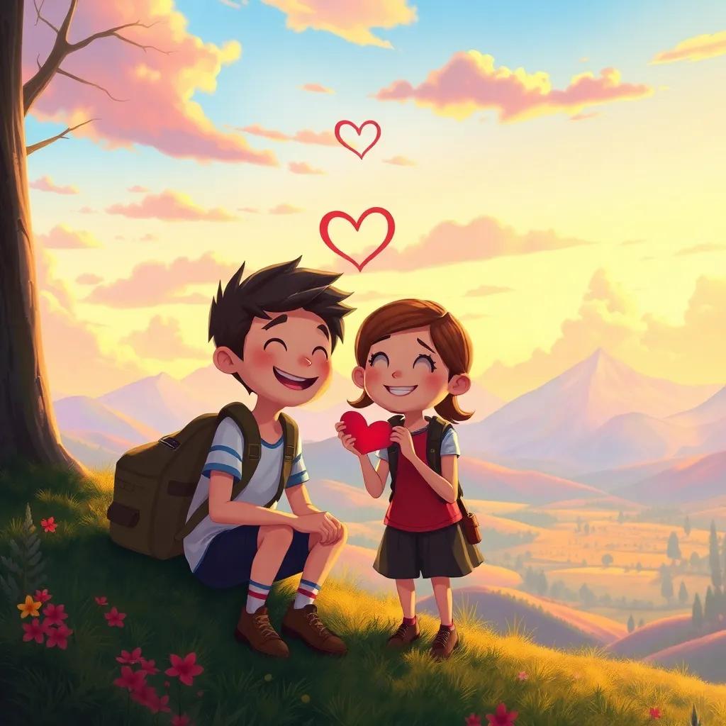Reminiscing about their adventure, strong friendship symbolized by heart shapes, beautiful landscapes, colorful sky, charming scene, digital painting, cheerful