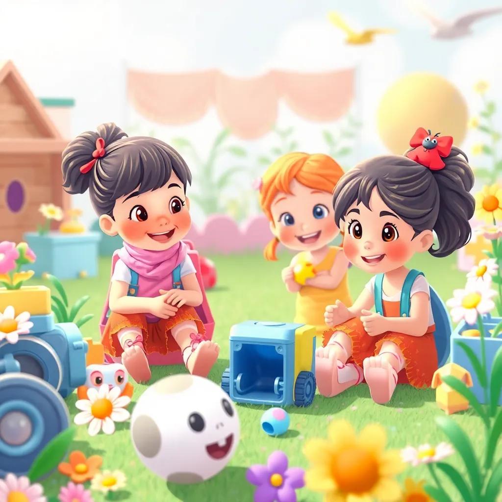Last scene showing the girls exploring more adventures with smiles, surrounded by toys and flowers, playful mood, child-friendly design, high quality