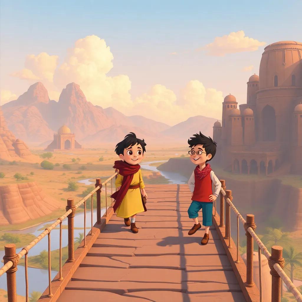 Sultan and his friend crossing a big bridge together, with a beautiful landscape of Iran in the background, friendly children playing and talking, warm colors, joyful mood, illustration, detailed scene