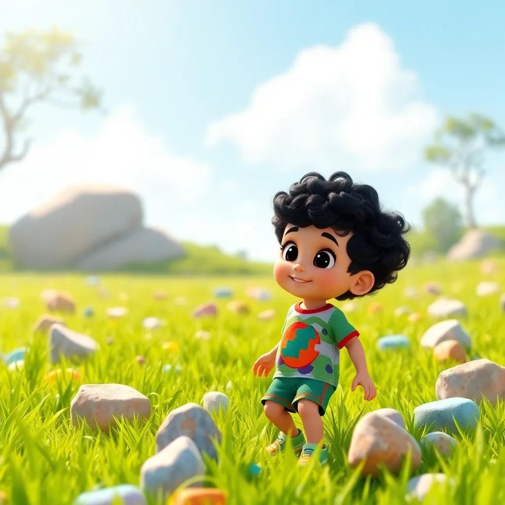A small boy named Suleiman, 6 years old, with curly dark hair, wearing a colorful t-shirt and shorts, exploring a lush green field with colorful stones around him, bright sunlight, cheerful atmosphere, digital art, high quality