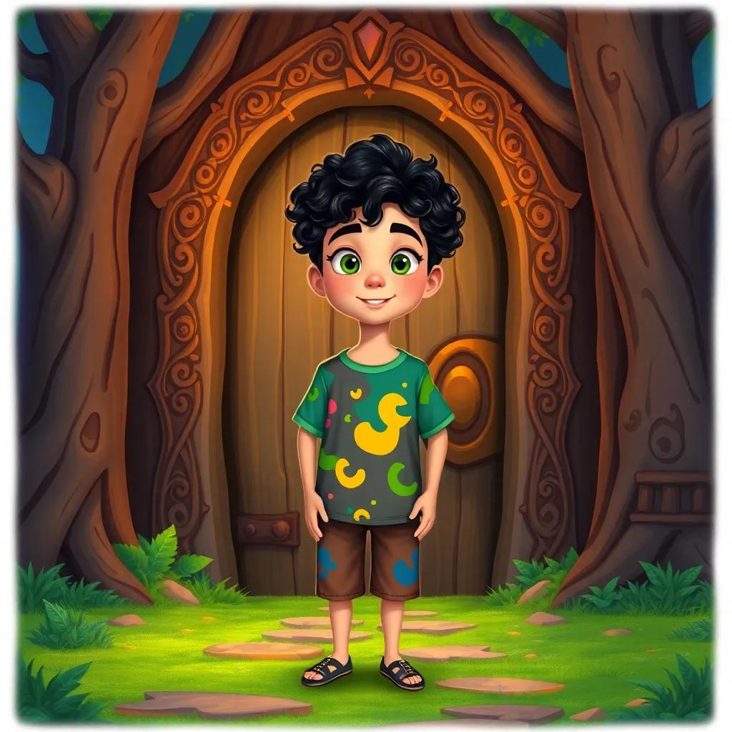 Suleiman, a small boy with curly dark hair in a colorful t-shirt and shorts, standing in front of a magical wooden door surrounded by trees, decorated with strange carvings, whimsical illustration, vibrant colors, inviting atmosphere, high quality