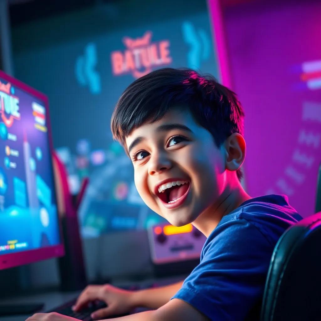 A young boy, Suleiman, with short black hair, wearing a blue shirt, sitting excitedly in front of a large computer screen, glowing with colorful lights and video game graphics, joyful atmosphere, digital art, vibrant colors, engaging scene, high quality
