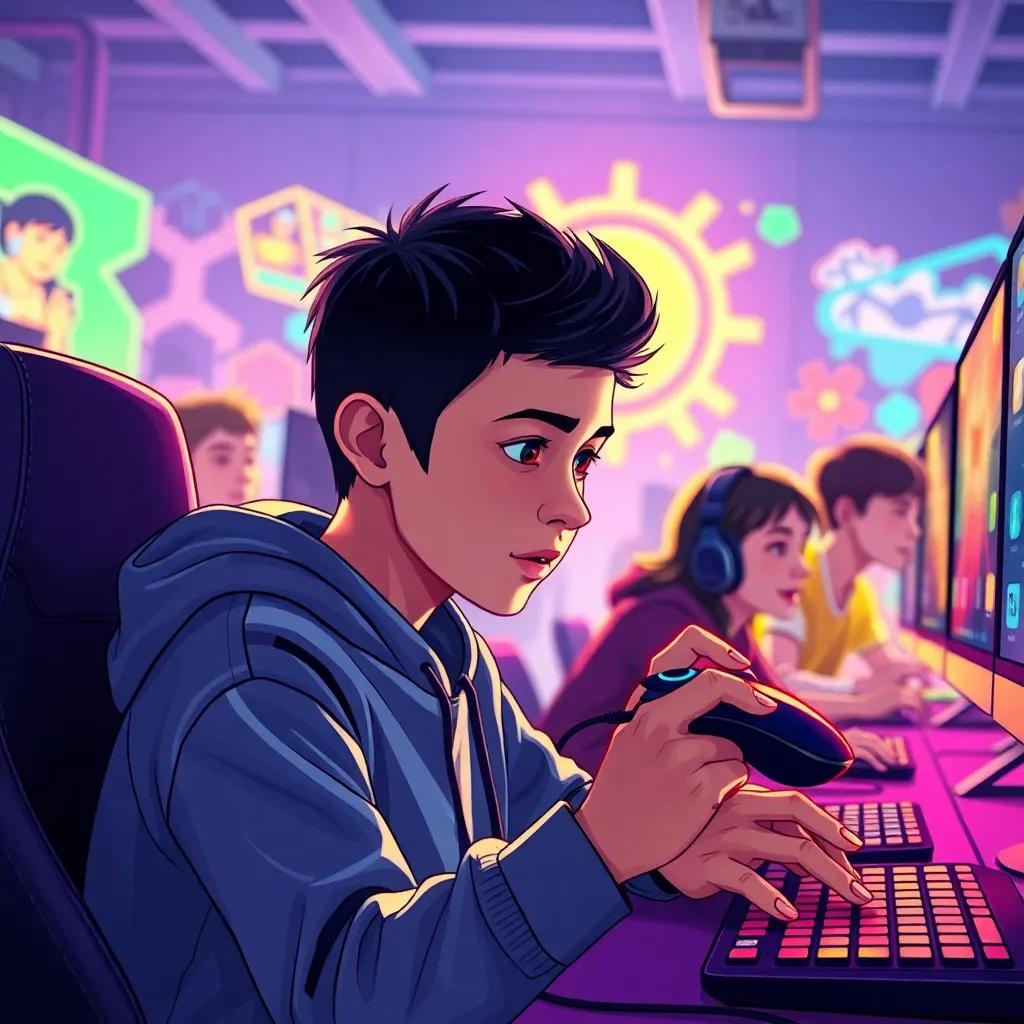 Suleiman, a young boy with short black hair, focused on gameplay, holding a gaming mouse tightly, surrounded by his friends who cheer him on, colorful gaming setup, engaging atmosphere, illustration, lively, action-filled