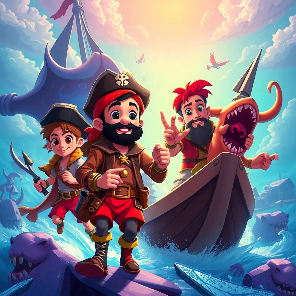 Suleiman leading his friends in a fantastical gaming world filled with pirates and strange creatures, bright and adventurous colors, dynamic composition, child-friendly, digital art, imaginative