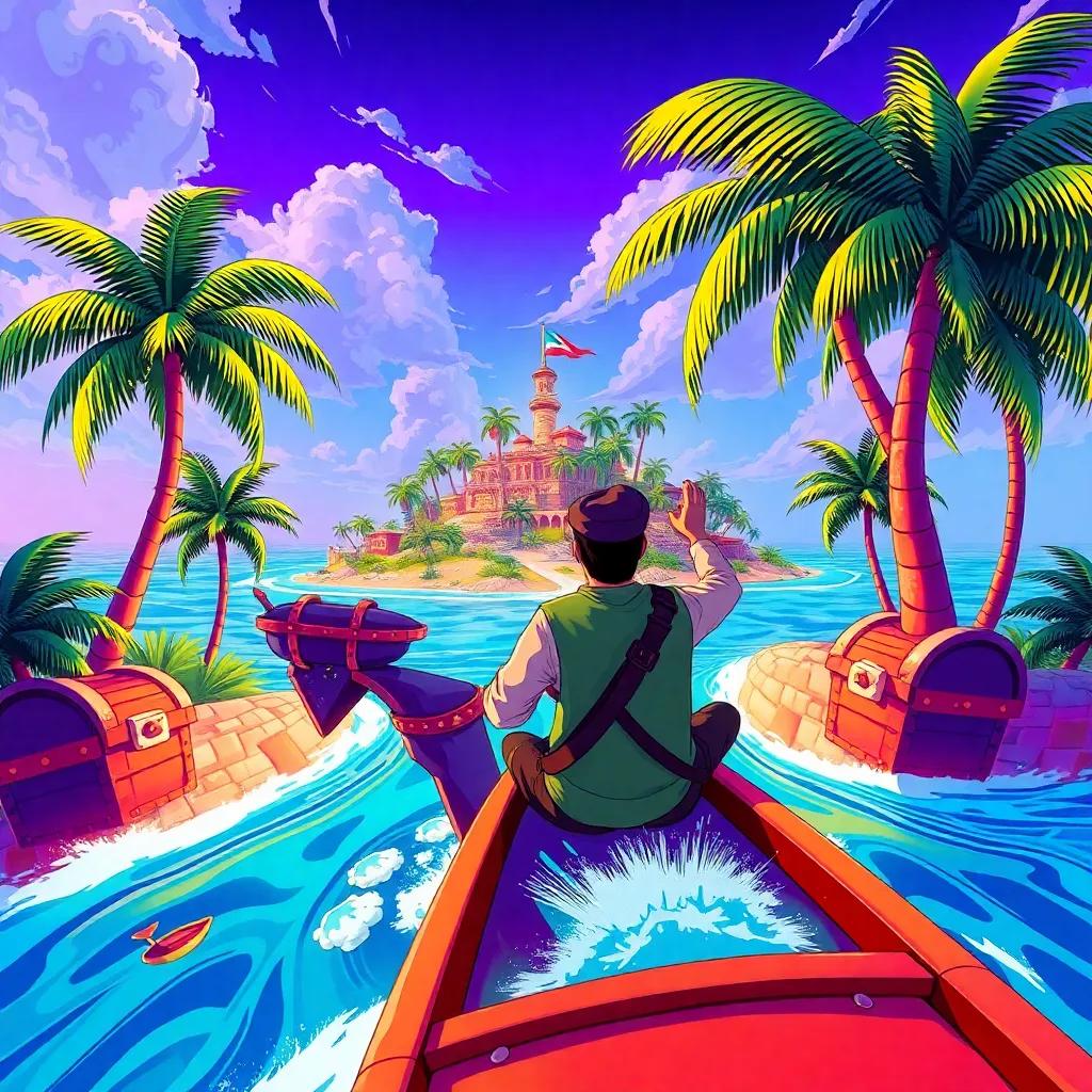 Suleiman and his friends navigating towards a treasure island in a video game, filled with palm trees and treasure chests, colorful illustrated scene, vibrant and exciting, dynamic angles, digital art